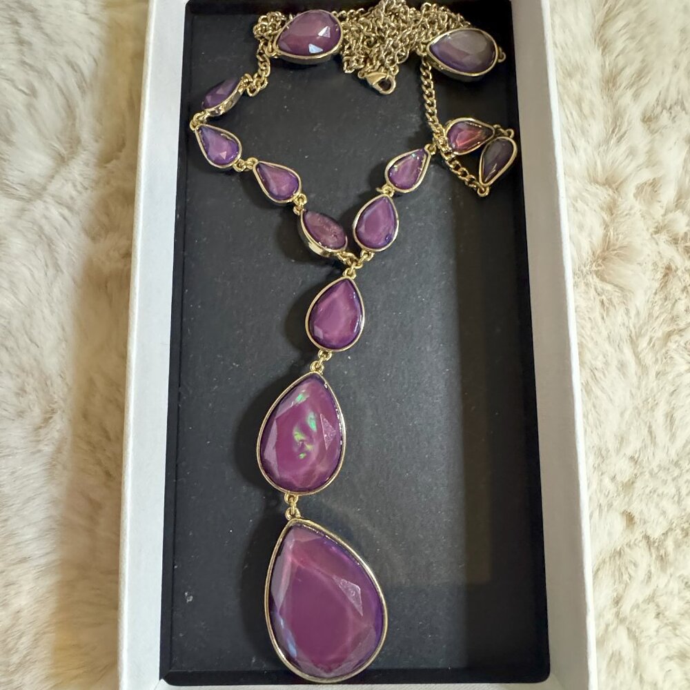 Set of Long Y Necklace with Purple Crystals and Dangling Earrings